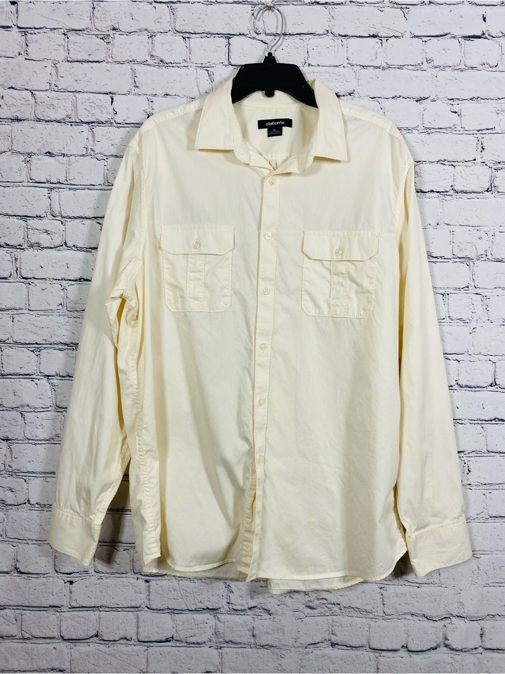 Claiborne Men’s XL Ivory Button Front Long Sleeve Shirt 100% Cotton Casual